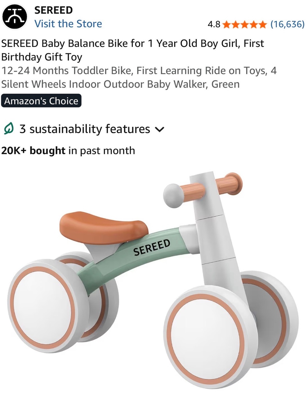 Toddler Balance Bike - Green & Tan Learn-to-Ride Walker